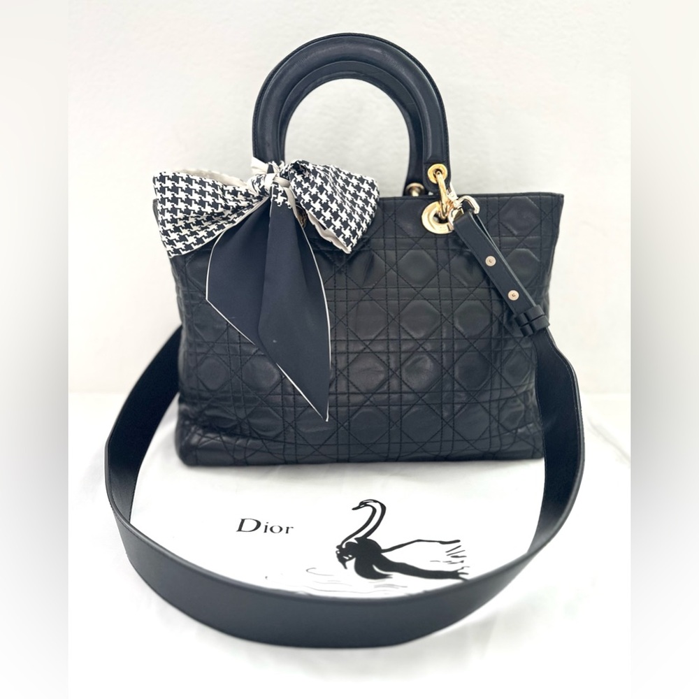 ❤️SOLD❤️ DIOR Large Cannage Lady Dior Black Lambskin Bag w/ Wide Leather Strap